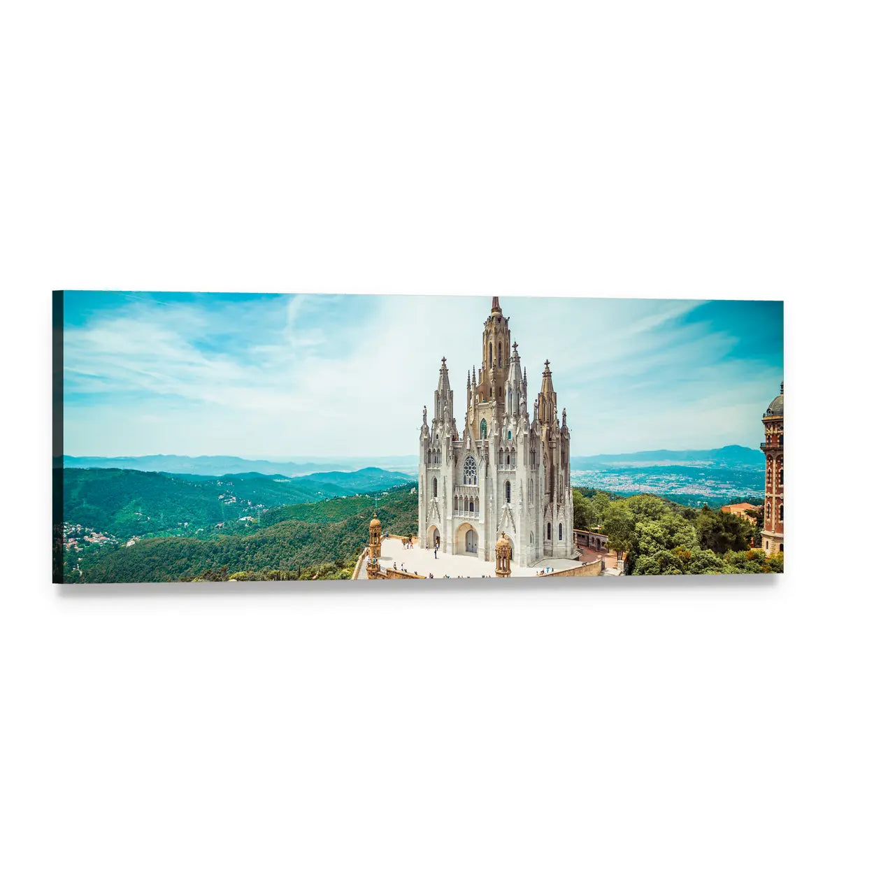 Tibidabo Church in Barcelona Panoramic Canvas Wall Art, single panel gallery wrapped canvas, angled product view