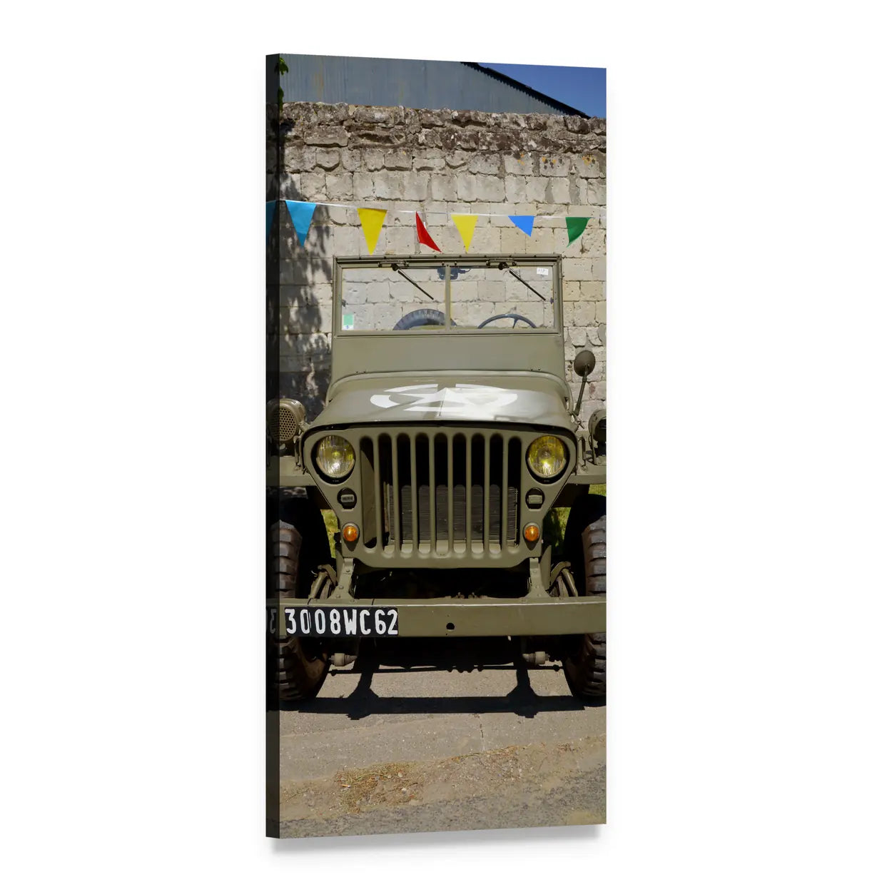 Retro Willys Military Jeep Vertical Canvas Wall Art, 1 panel 1 Vertical layout gallery wrapped canvas set, angled product view