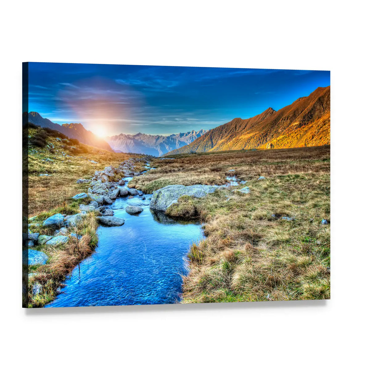 Prairie Sunset Over Mountain Stream Canvas Wall Art, single panel gallery wrapped canvas, angled product view
