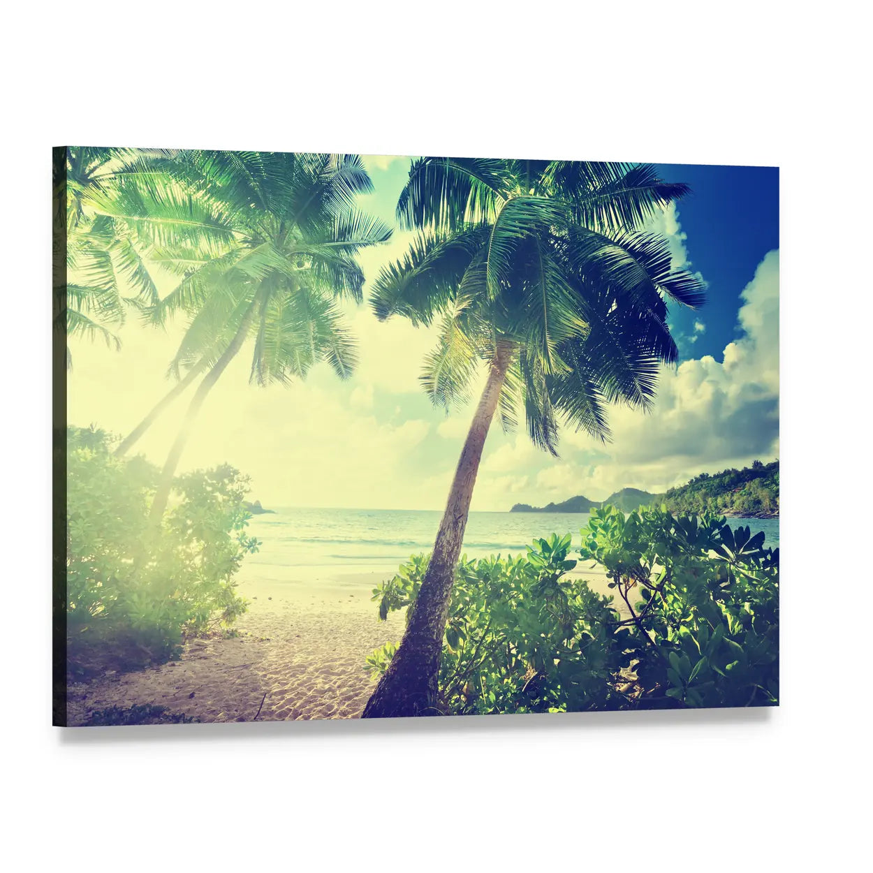 Tropical Beach Sunset Canvas Wall Art, single panel gallery wrapped canvas, angled product view