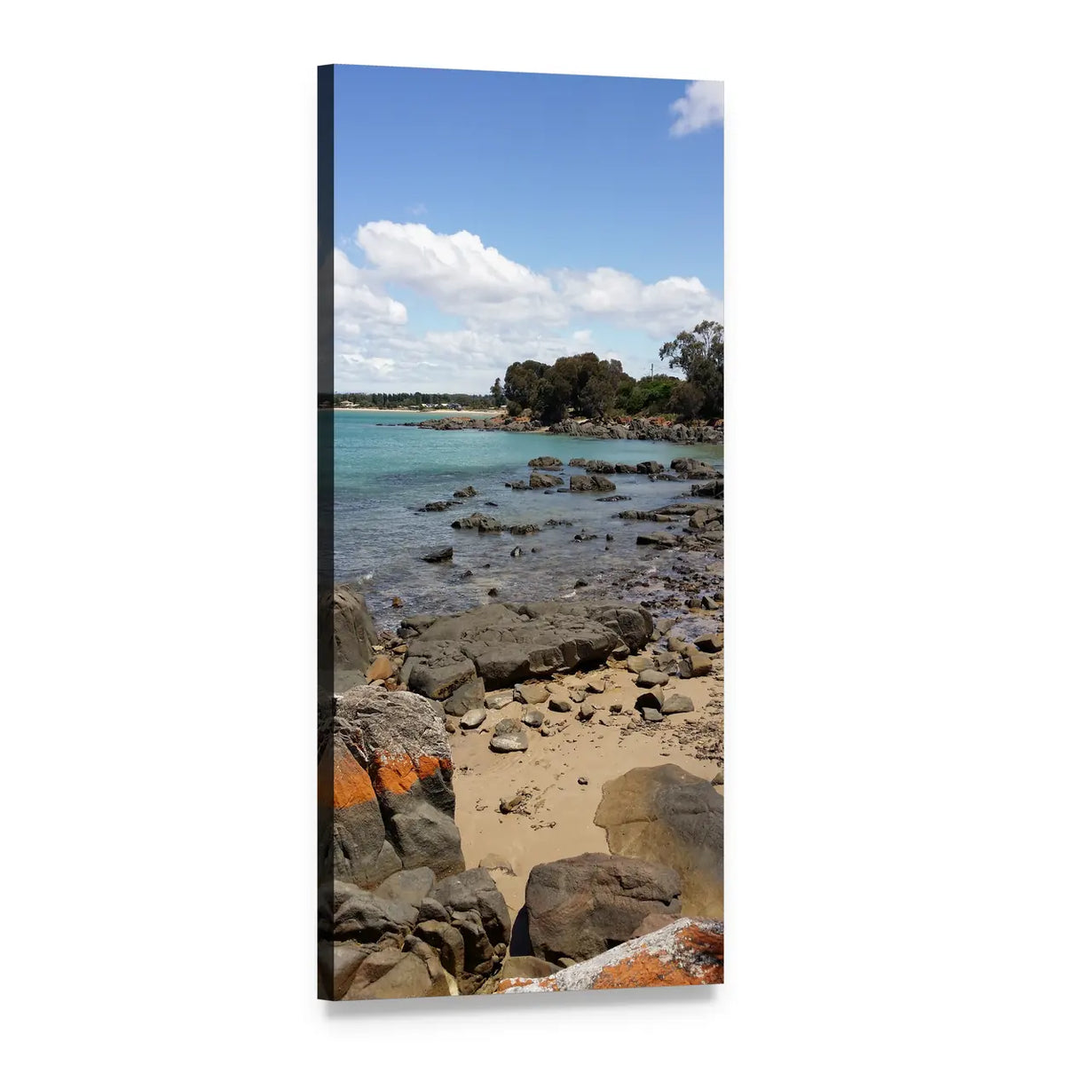 Rocky Beach Seascape with Calm Water Vertical Canvas Wall Art, 1 panel 1 Vertical layout gallery wrapped canvas set, angled product view
