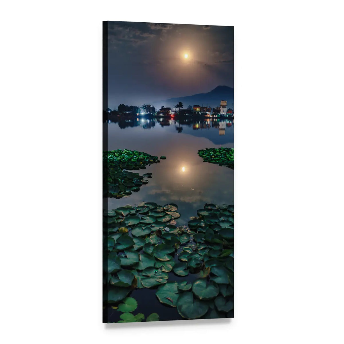 Moon Reflection on Pond Vertical Canvas Wall Art, 1 panel 1 Vertical layout gallery wrapped canvas set, angled product view