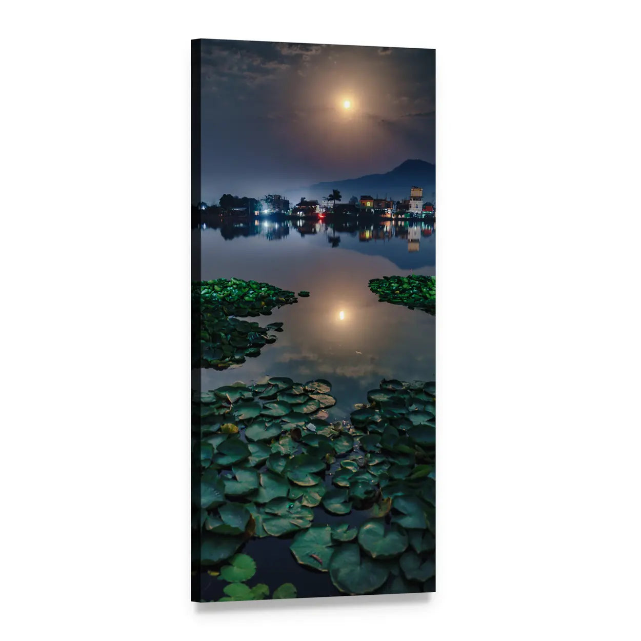 Moon Reflection on Pond Vertical Canvas Wall Art, 1 panel 1 Vertical layout gallery wrapped canvas set, angled product view