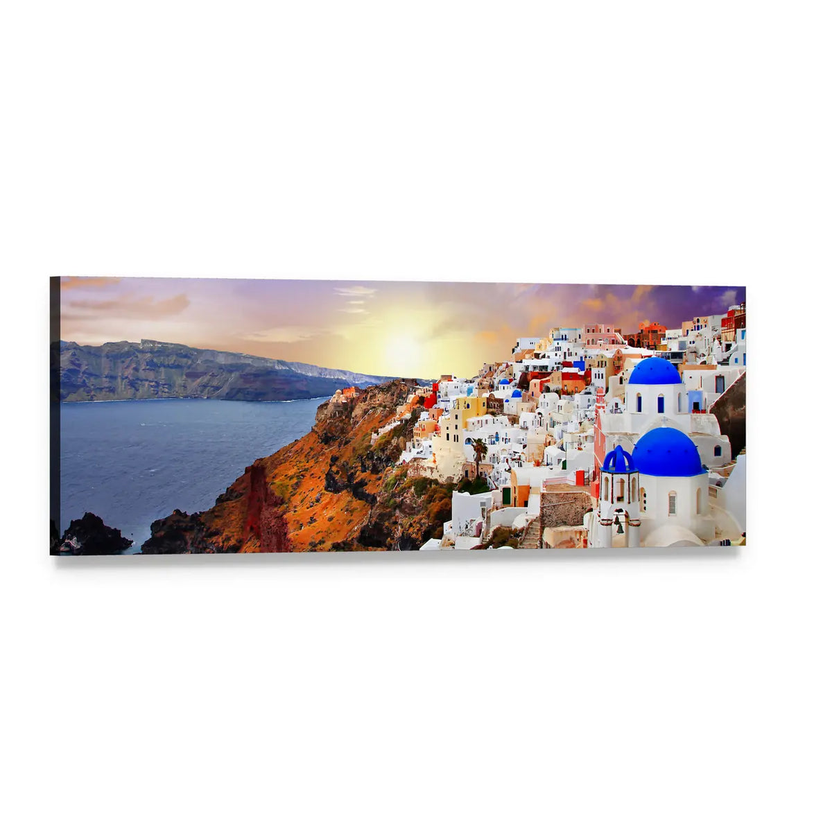 Sunset in Santorini Panoramic Canvas Wall Art, single panel gallery wrapped canvas, angled product view
