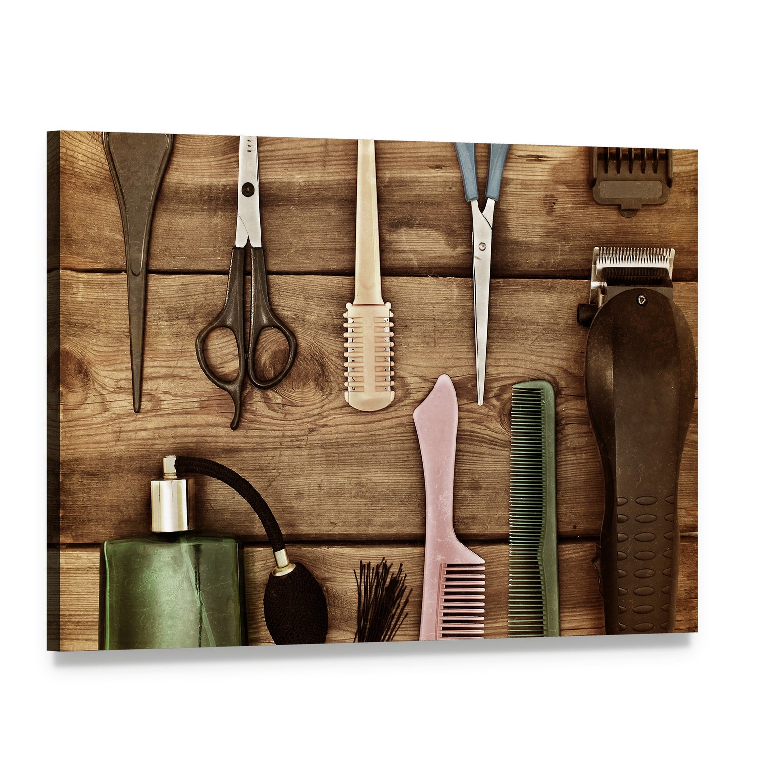 Vintage Hairdressing Tools on Wood Canvas Wall Art, single panel gallery wrapped canvas, angled product view