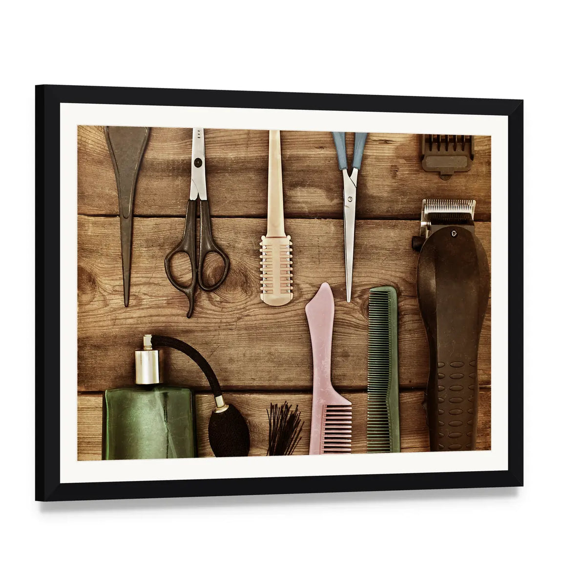 Vintage Hairdressing Tools on Wood Canvas Wall Art, framed print with white mat and black frame, angled product view