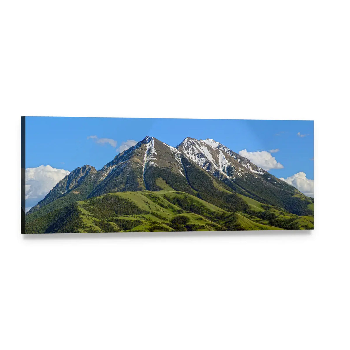 Snow-capped Twin Peaks Landscape Panoramic Canvas Wall Art, single panel gallery wrapped canvas, angled product view