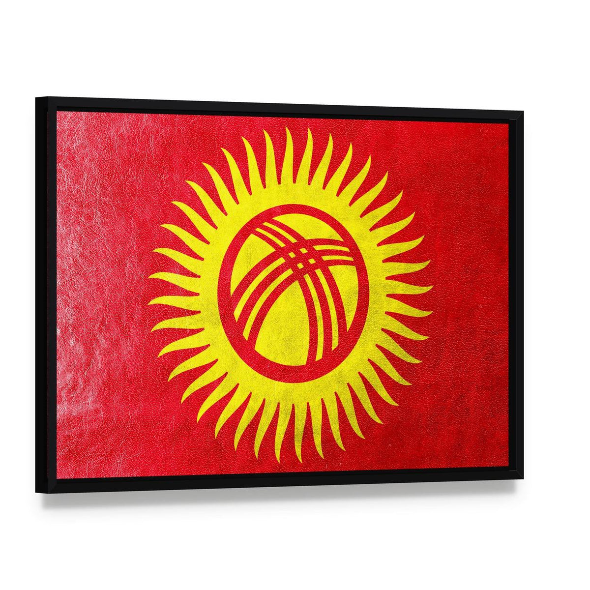 Kyrgyzstan Flag with Tunduk Sun Canvas Wall Art, framed canvas in a black floater frame, angled product view