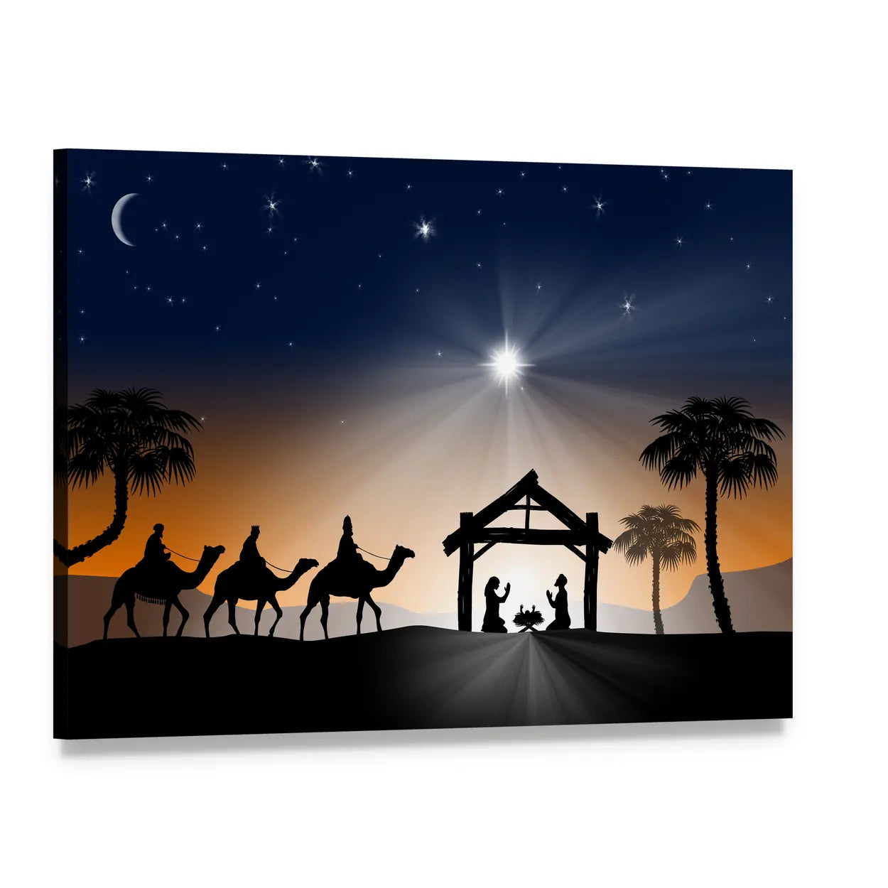Christmas Nativity with Three Wise Men Canvas Wall Art, single panel gallery wrapped canvas, angled product view