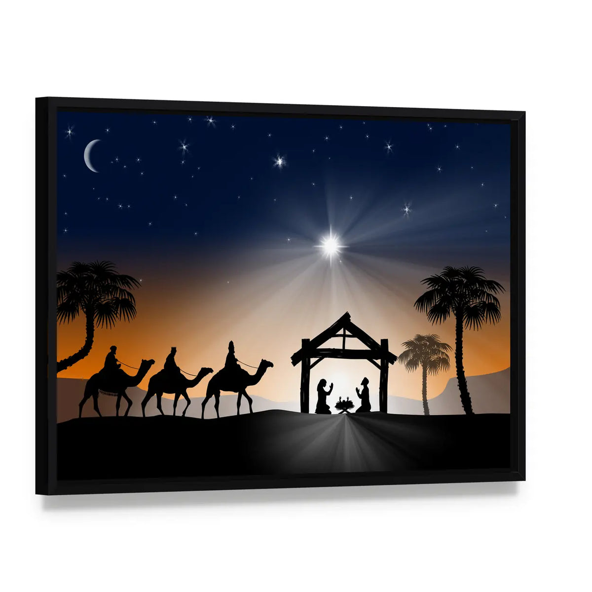 Christmas Nativity with Three Wise Men Canvas Wall Art, framed canvas in a black floater frame, angled product view