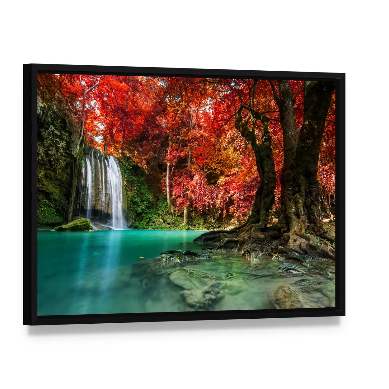 Erawan Autumn Waterfall with Turquoise Pool Canvas Wall Art, framed canvas in a black floater frame, angled product view