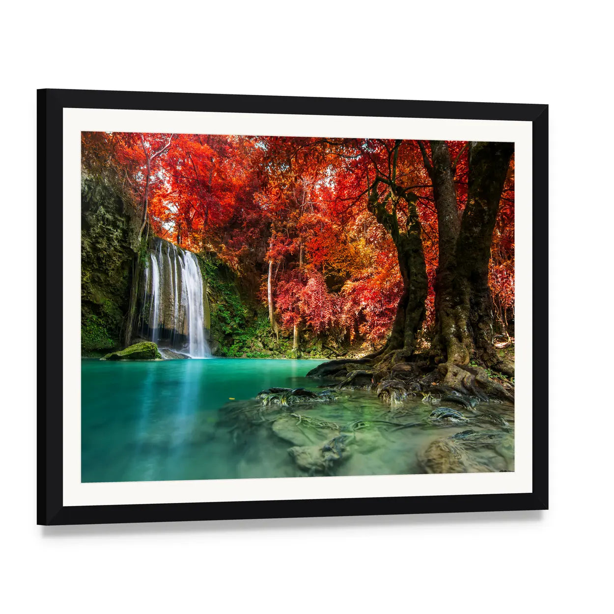 Erawan Autumn Waterfall with Turquoise Pool Canvas Wall Art, framed print with white mat and black frame, angled product view