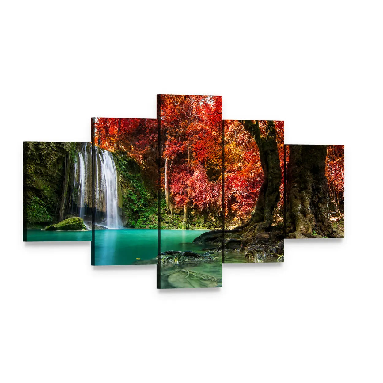 Erawan Autumn Waterfall with Turquoise Pool Canvas Wall Art, 5 panel 5 Star layout gallery wrapped canvas set, angled product view
