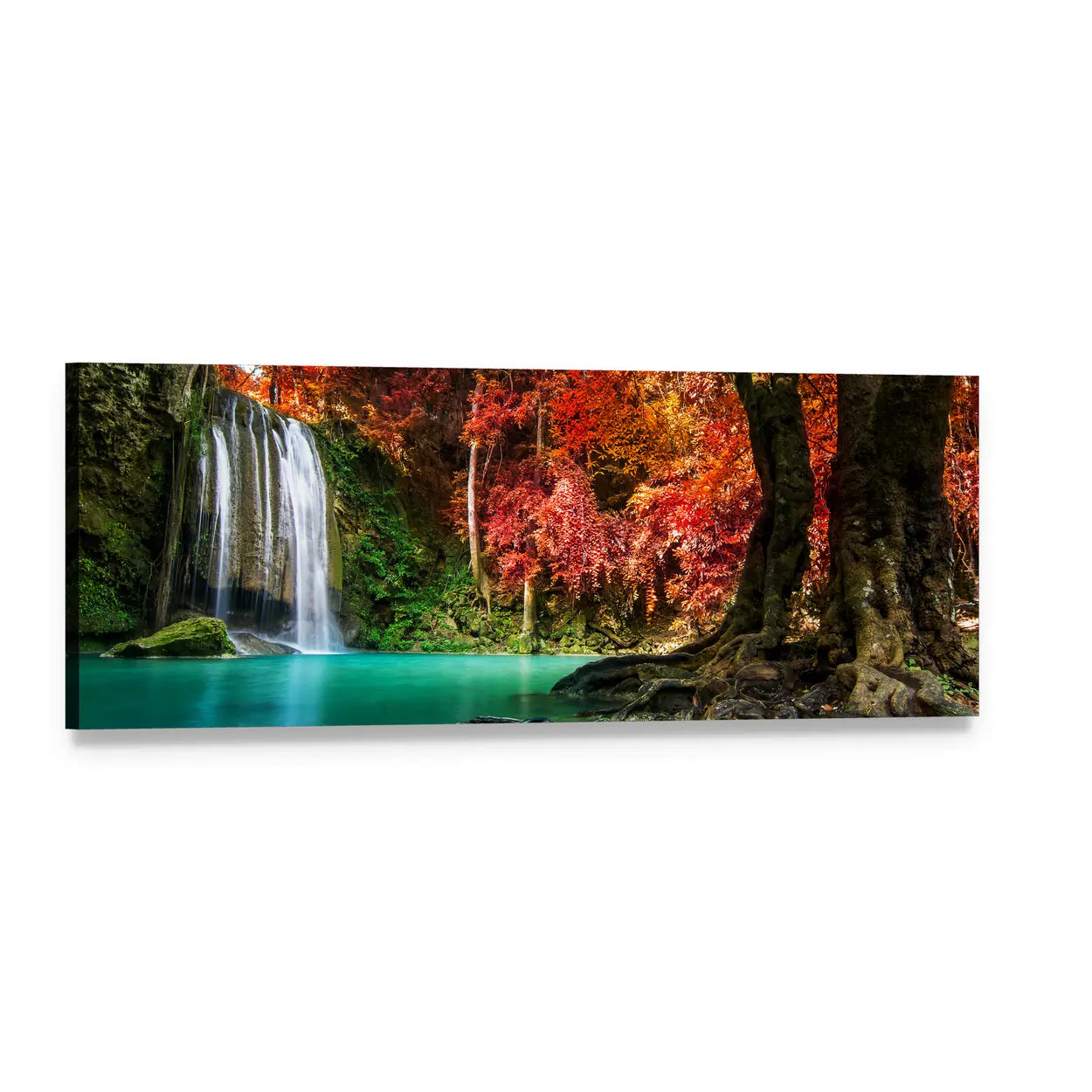 Autumn Waterfall with Turquoise Pool Panoramic Canvas Wall Art, single panel gallery wrapped canvas, angled product view