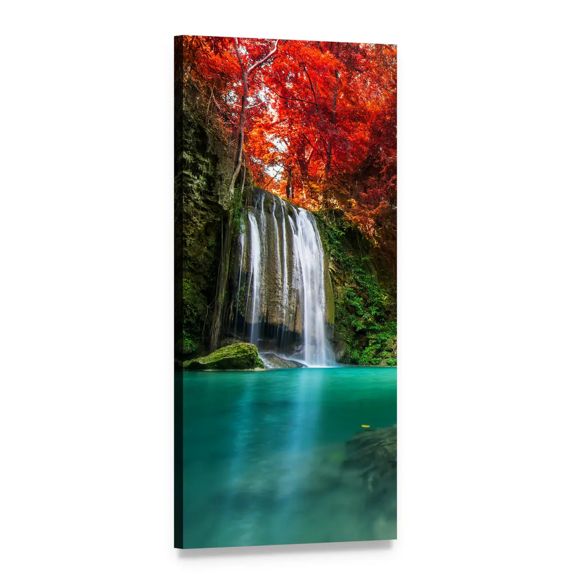 Autumn Multi-tier Waterfall with Turquoise Pool Vertical Canvas Wall Art, 1 panel 1 Vertical layout gallery wrapped canvas set, angled product view