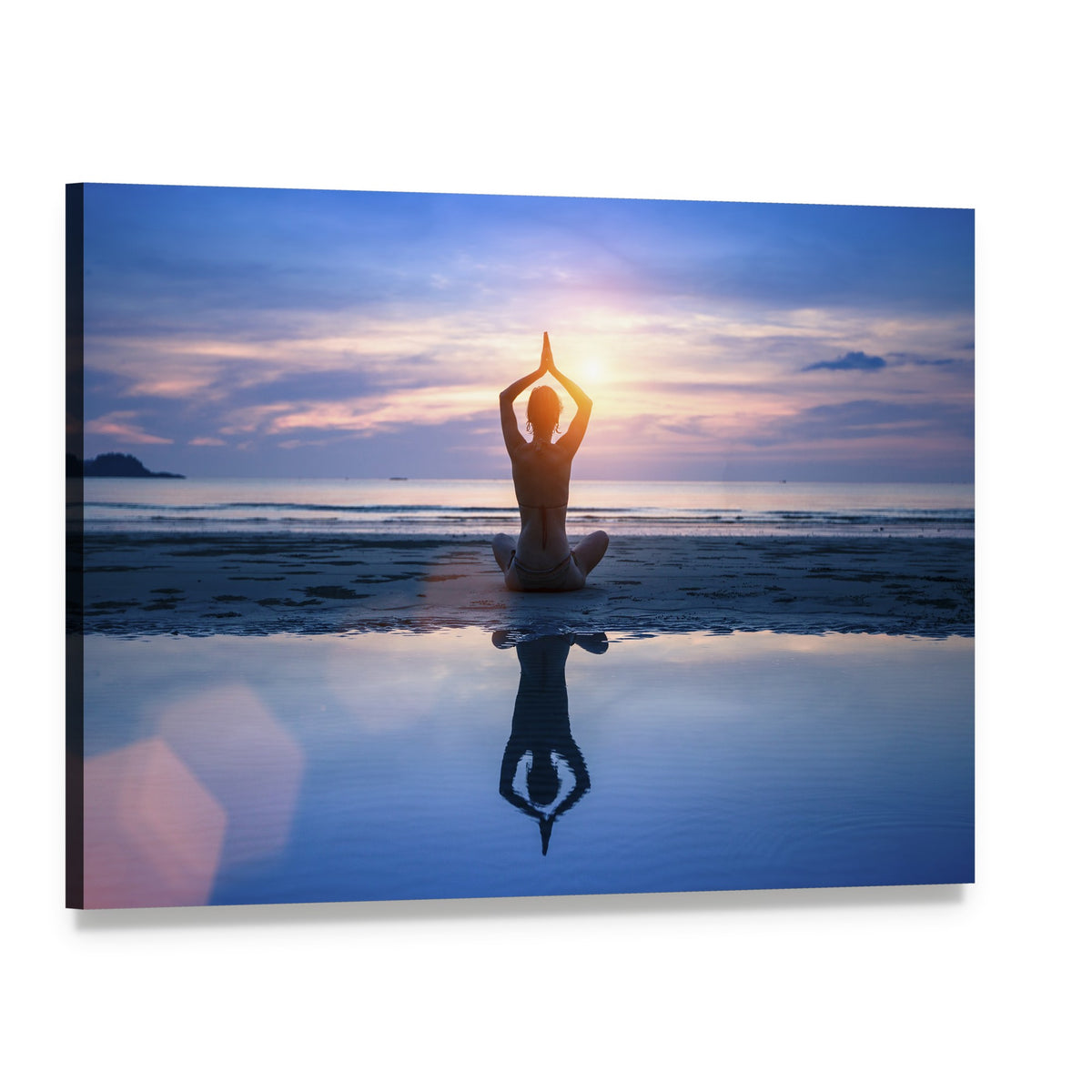 Yoga on the Sea Beach Meditation Canvas Wall Art, single panel gallery wrapped canvas, angled product view
