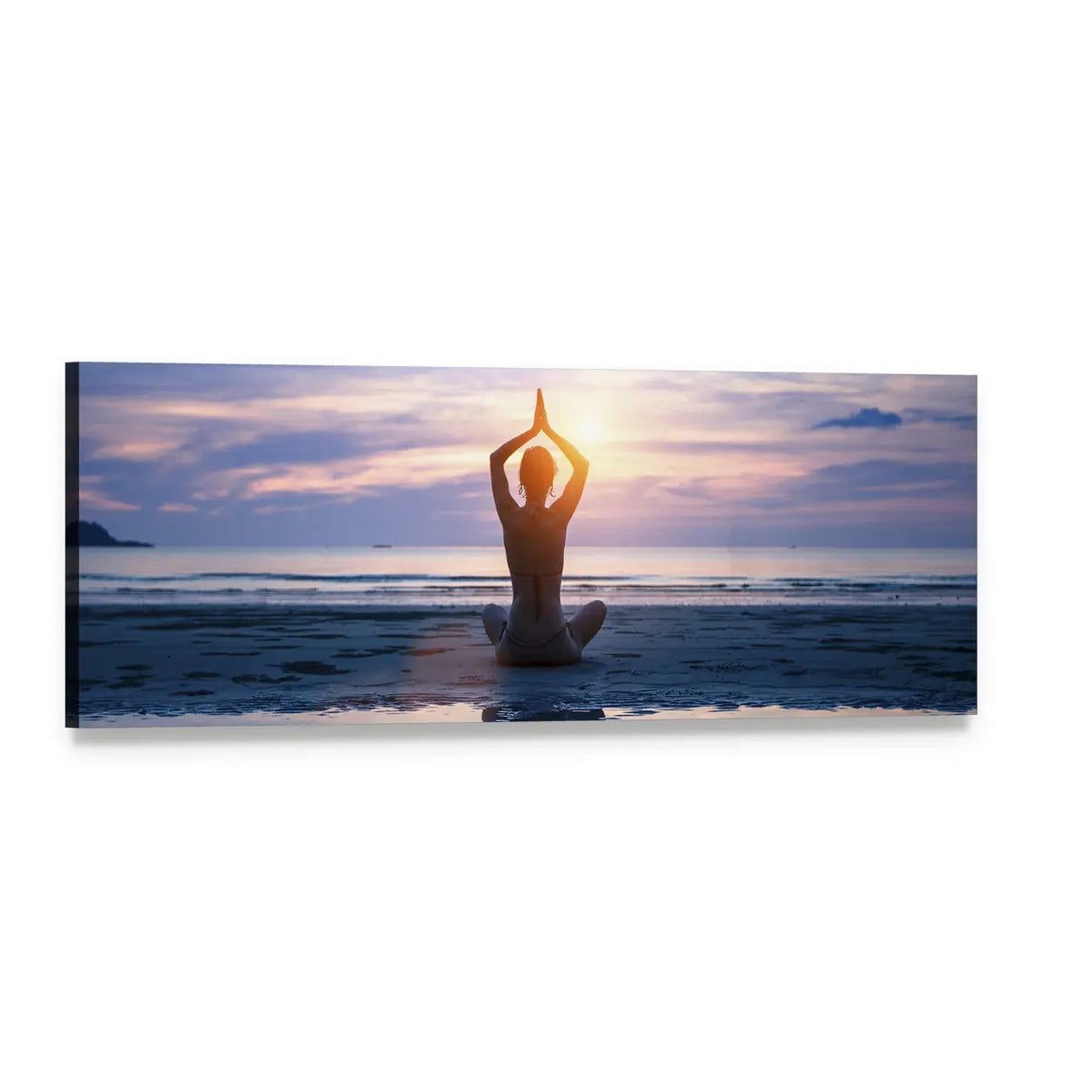 Yoga Silhouette on Beach at Sunset Panoramic Canvas Wall Art, single panel gallery wrapped canvas, angled product view