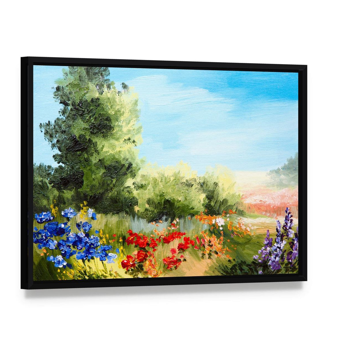 Field of Flowers Abstract Canvas Wall Art, framed canvas in a black floater frame, angled product view