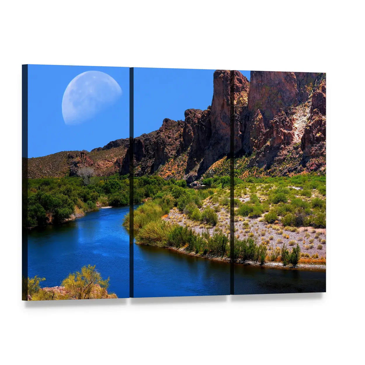 Salt River with Crescent Moon Canvas Wall Art, 3 panel 3 Horizontal layout gallery wrapped canvas set, angled product view
