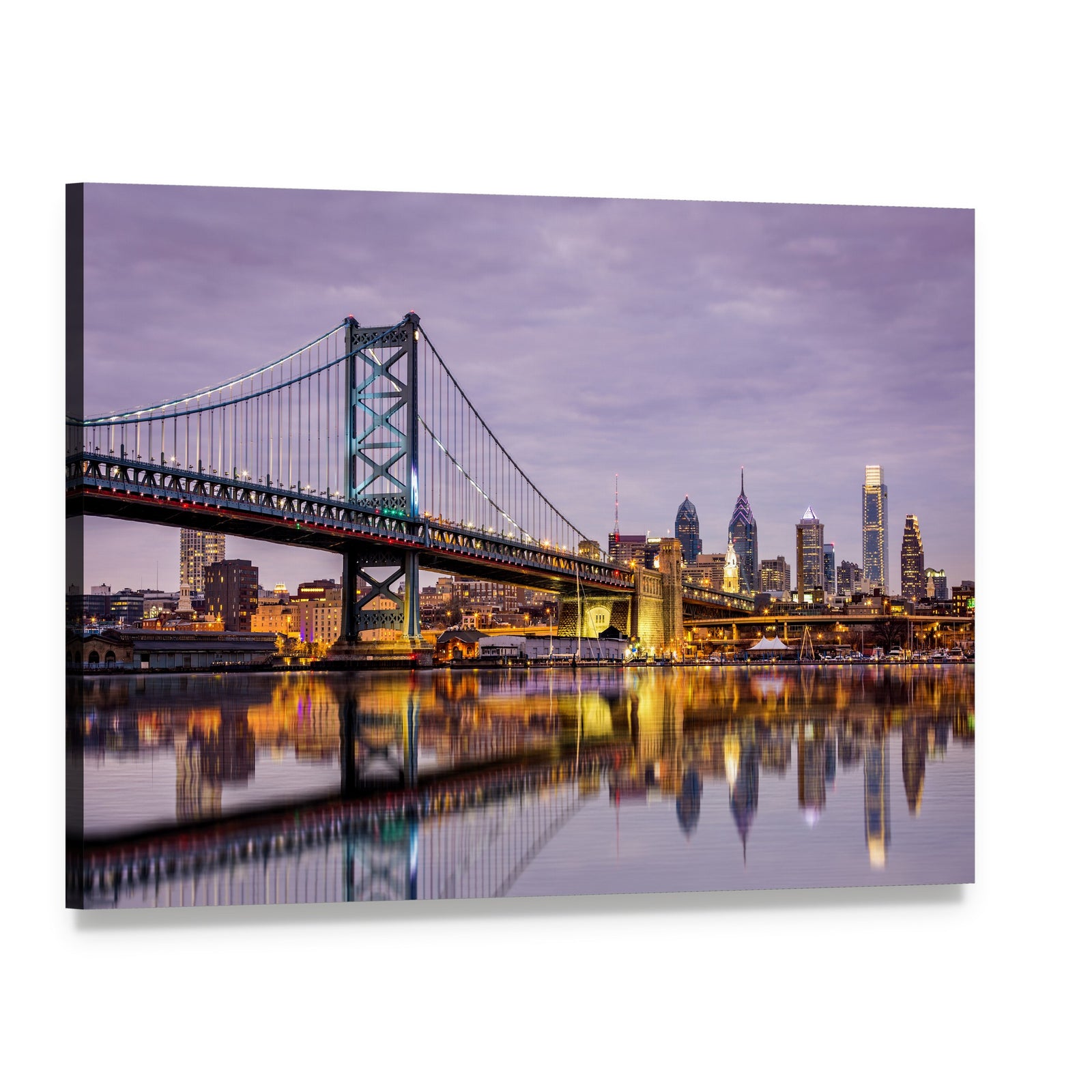 Ben Franklin Bridge Night Reflection Canvas Wall Art, single panel gallery wrapped canvas, angled product view