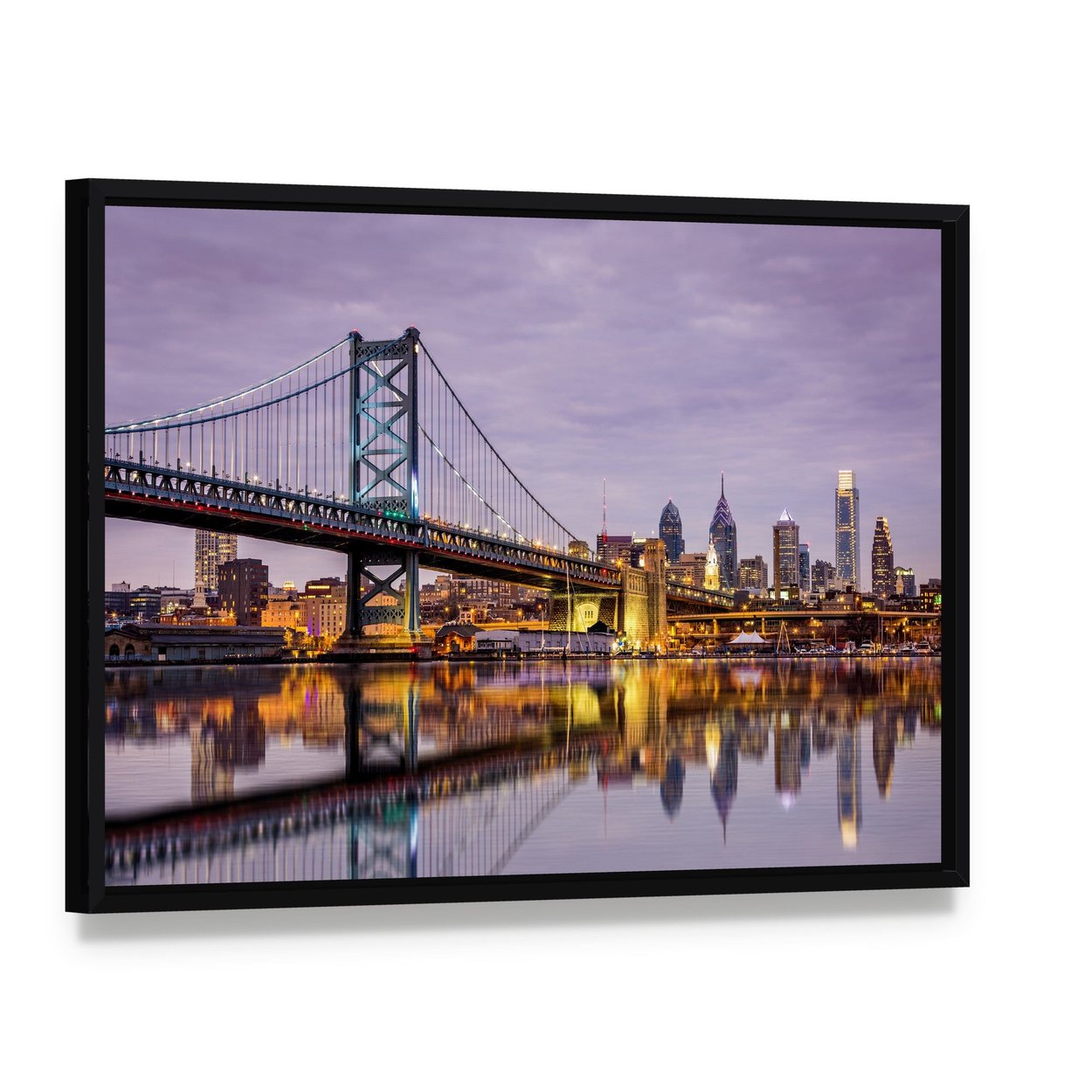 Ben Franklin Bridge Night Reflection Canvas Wall Art, framed canvas in a black floater frame, angled product view