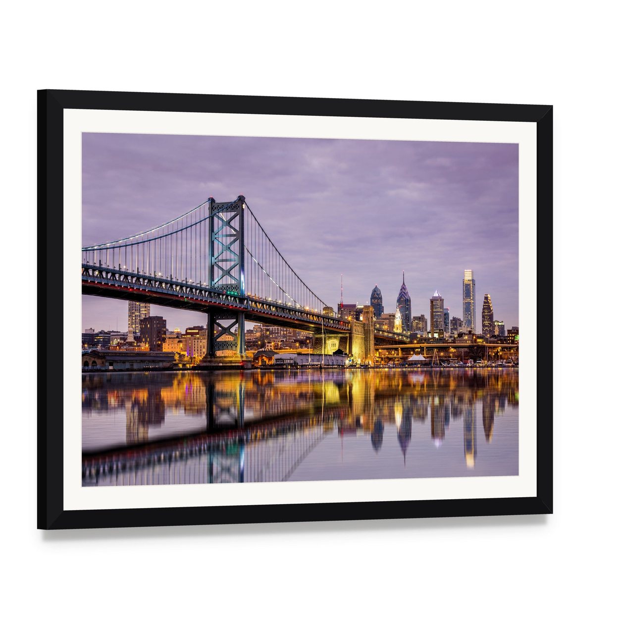 Ben Franklin Bridge Night Reflection Canvas Wall Art, framed print with white mat and black frame, angled product view