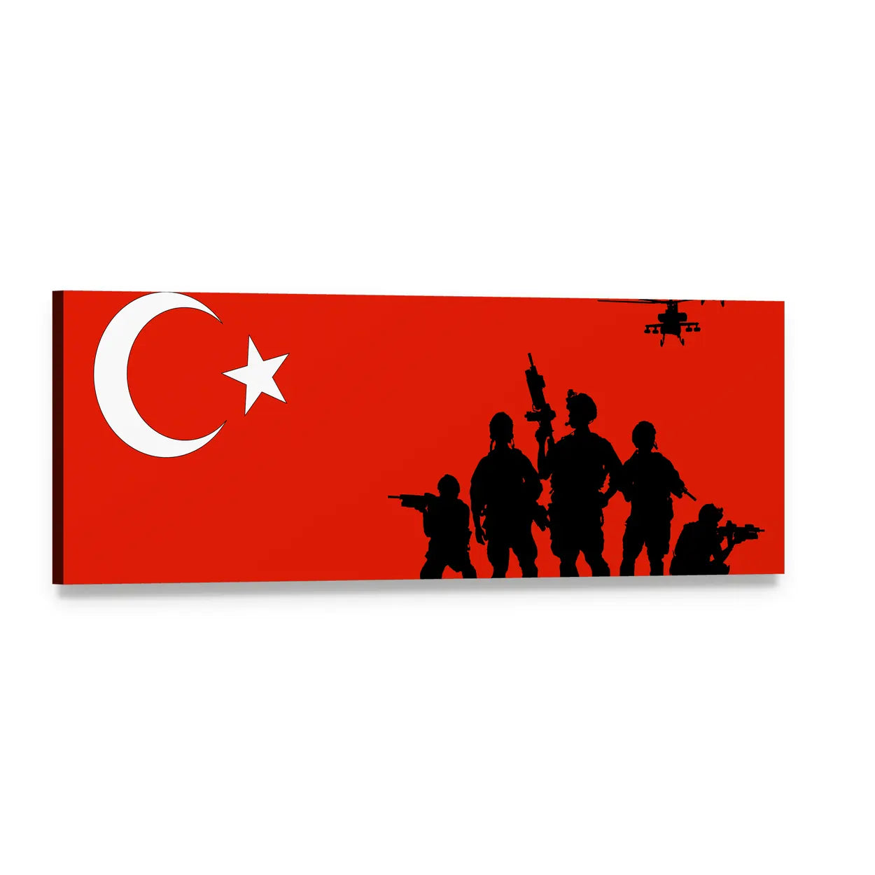 Turkish Soldier Silhouette with Flag Panoramic Canvas Wall Art, single panel gallery wrapped canvas, angled product view