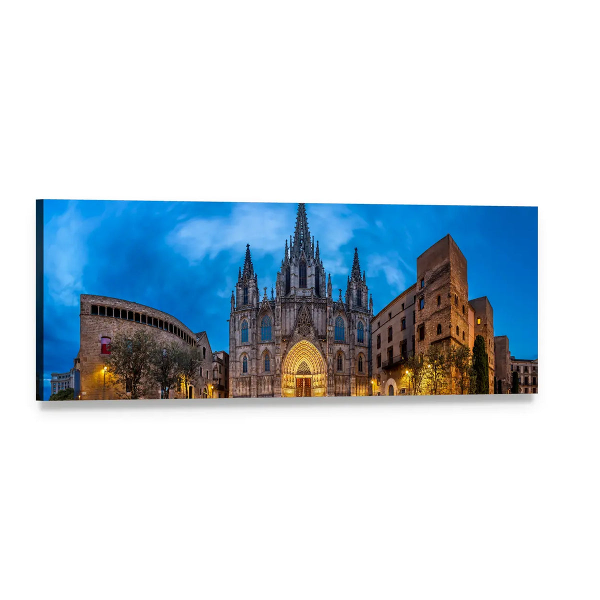 Cathedral of Saint Eulalia at Twilight Panoramic Canvas Wall Art, single panel gallery wrapped canvas, angled product view