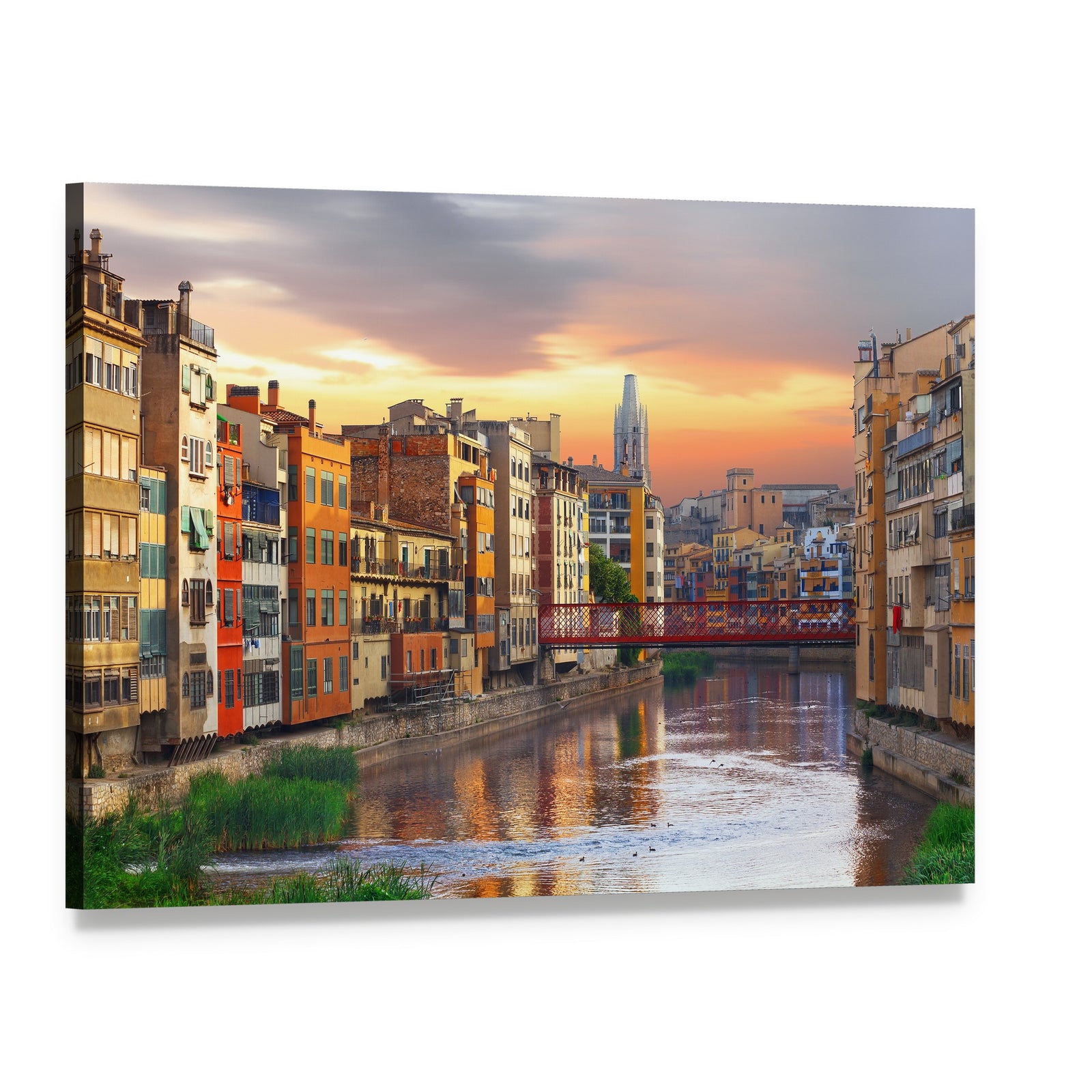 Girona Jewish Quarter River at Sunset Canvas Wall Art, single panel gallery wrapped canvas, angled product view