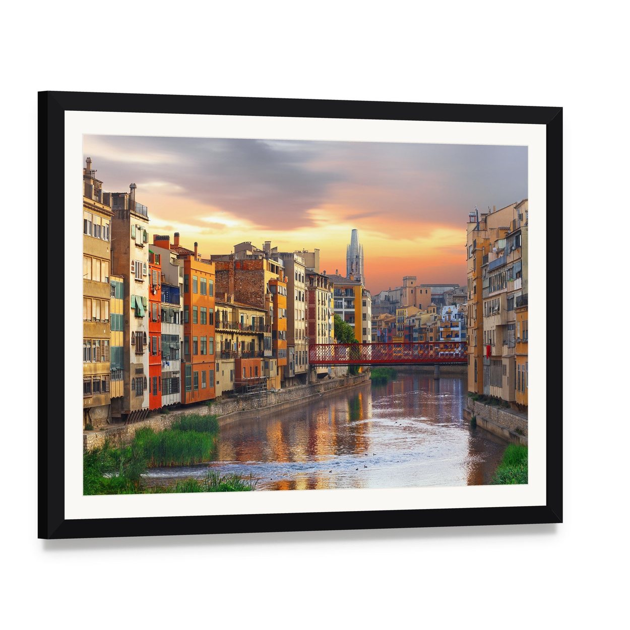 Girona Jewish Quarter River at Sunset Canvas Wall Art, framed print with white mat and black frame, angled product view