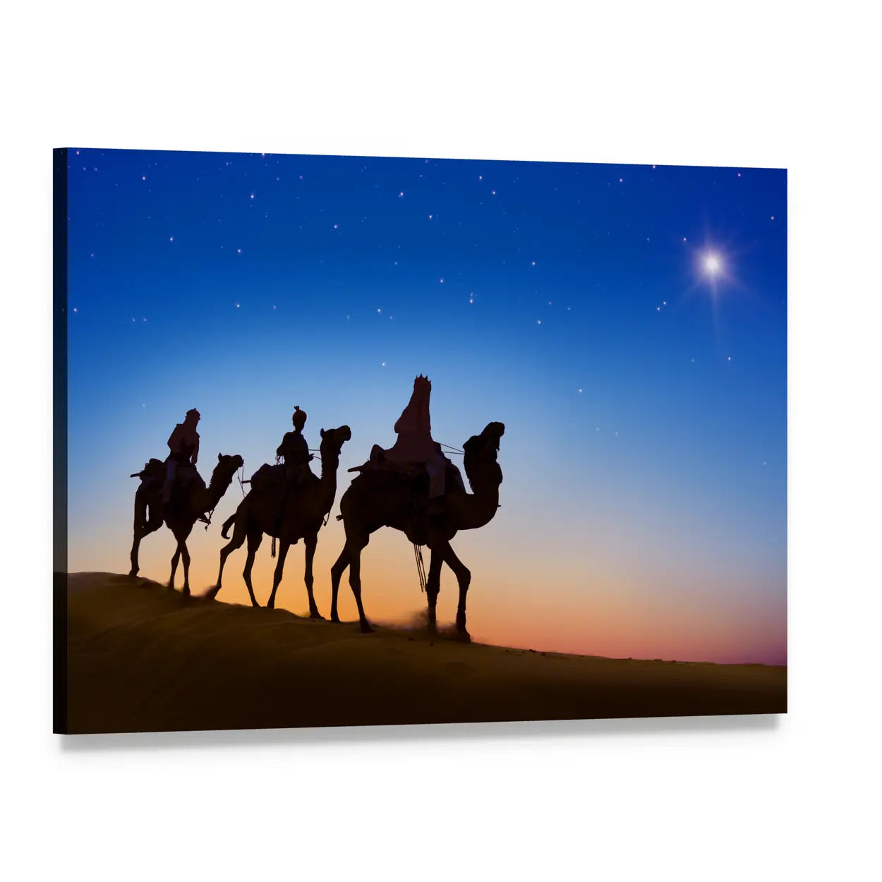 Three Wise Men in the Desert Canvas Wall Art, single panel gallery wrapped canvas, angled product view