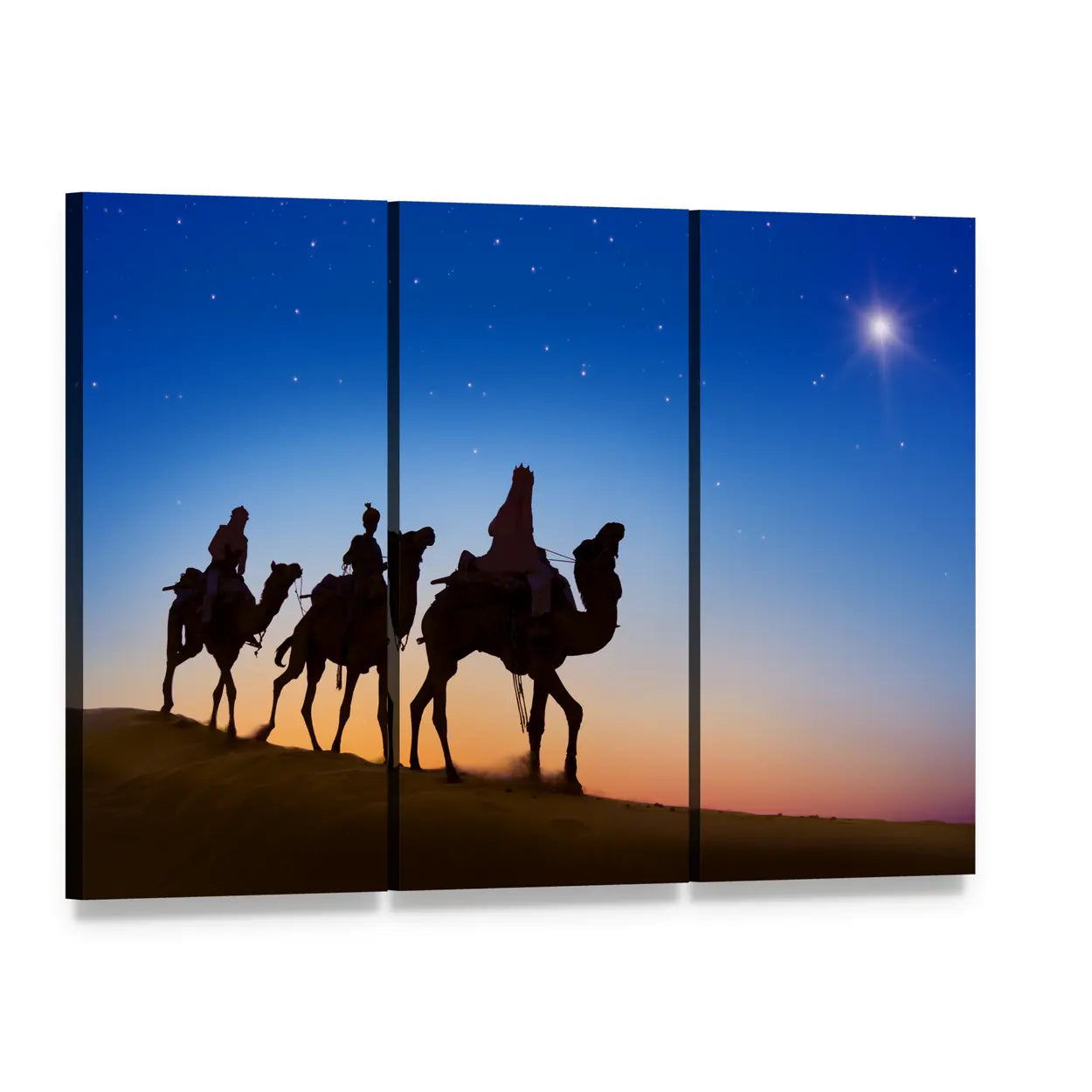 Three Wise Men in Desert Canvas Wall Art, 3 panel 3 Horizontal layout gallery wrapped canvas set, angled product view