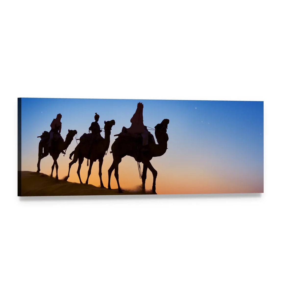 Three Wise Men at Sunset Panoramic Canvas Wall Art, single panel gallery wrapped canvas, angled product view