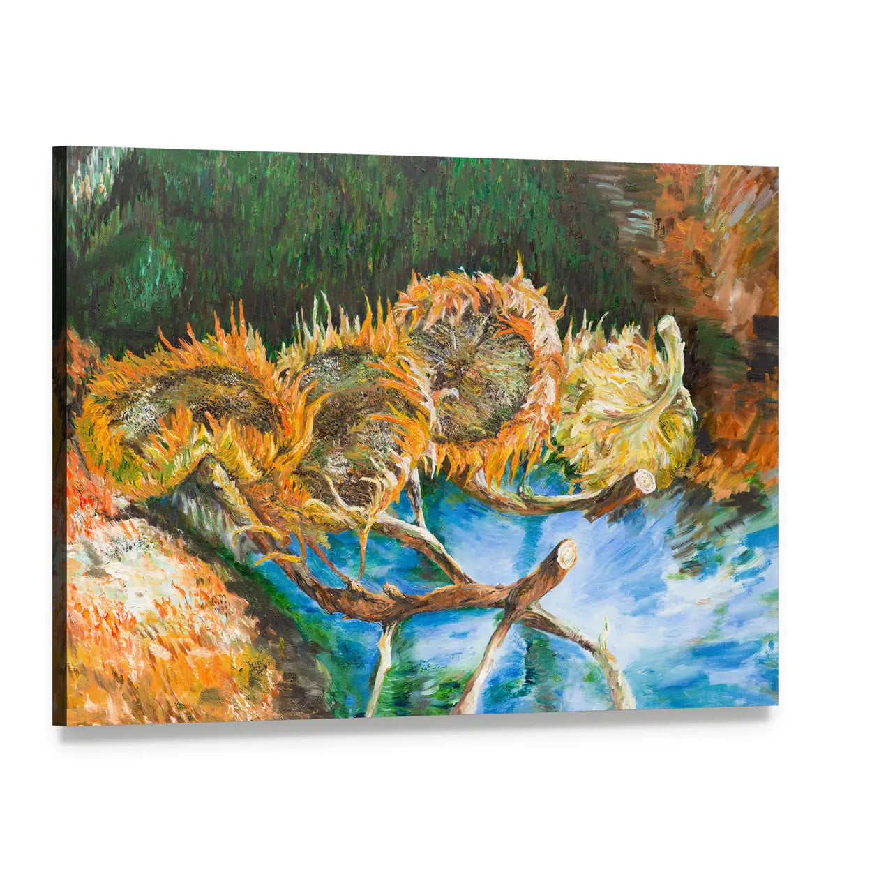 Four Cut Sunflower Heads Canvas Wall Art, single panel gallery wrapped canvas, angled product view