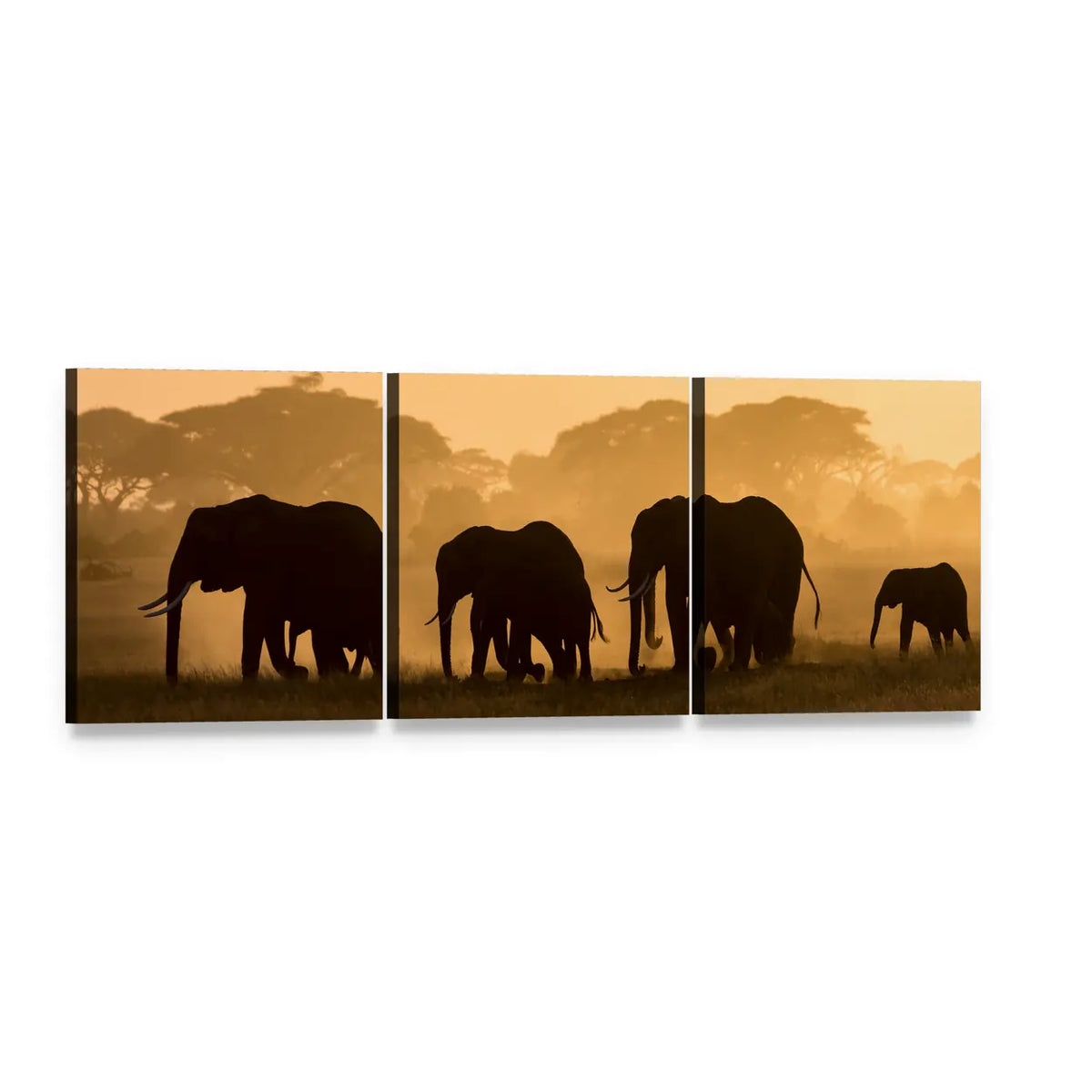 Elephant Silhouettes at Golden Hour Panoramic Canvas Wall Art, 3 panel 3 Piece layout gallery wrapped canvas set, angled product view