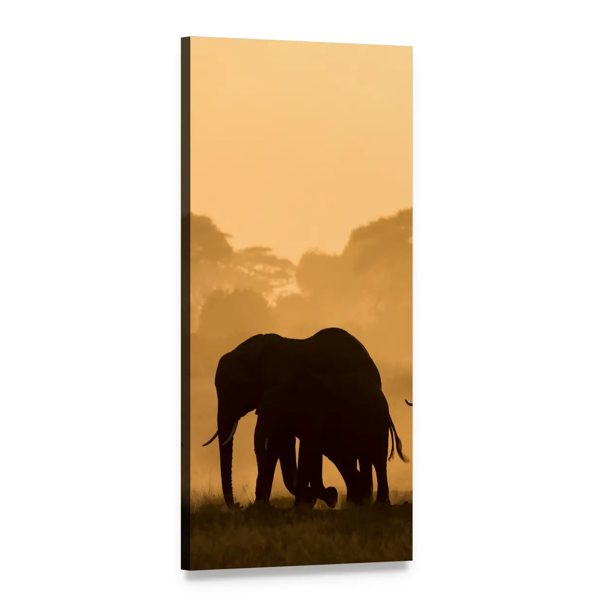 Elephant and Calf Silhouette at Golden Hour Vertical Canvas Wall Art, 1 panel 1 Vertical layout gallery wrapped canvas set, angled product view