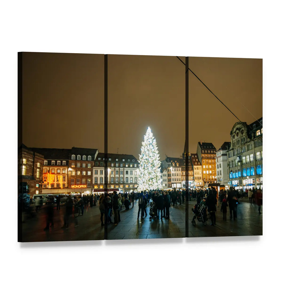 Kleber Square Christmas Night Canvas Wall Art, 3 panel 3 Horizontal layout gallery wrapped canvas set, angled product view