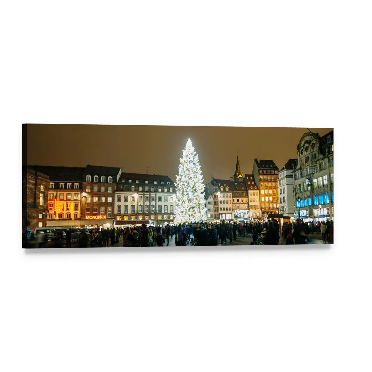Glowing Christmas Tree in City Square Panoramic Canvas Wall Art, single panel gallery wrapped canvas, angled product view