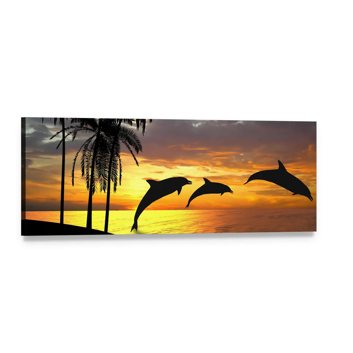 Three Leaping Dolphins at Sunset Panoramic Canvas Wall Art, single panel gallery wrapped canvas, angled product view