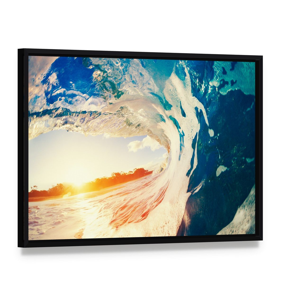 Ocean Wave Crashing at Sunset Canvas Wall Art, framed canvas in a black floater frame, angled product view