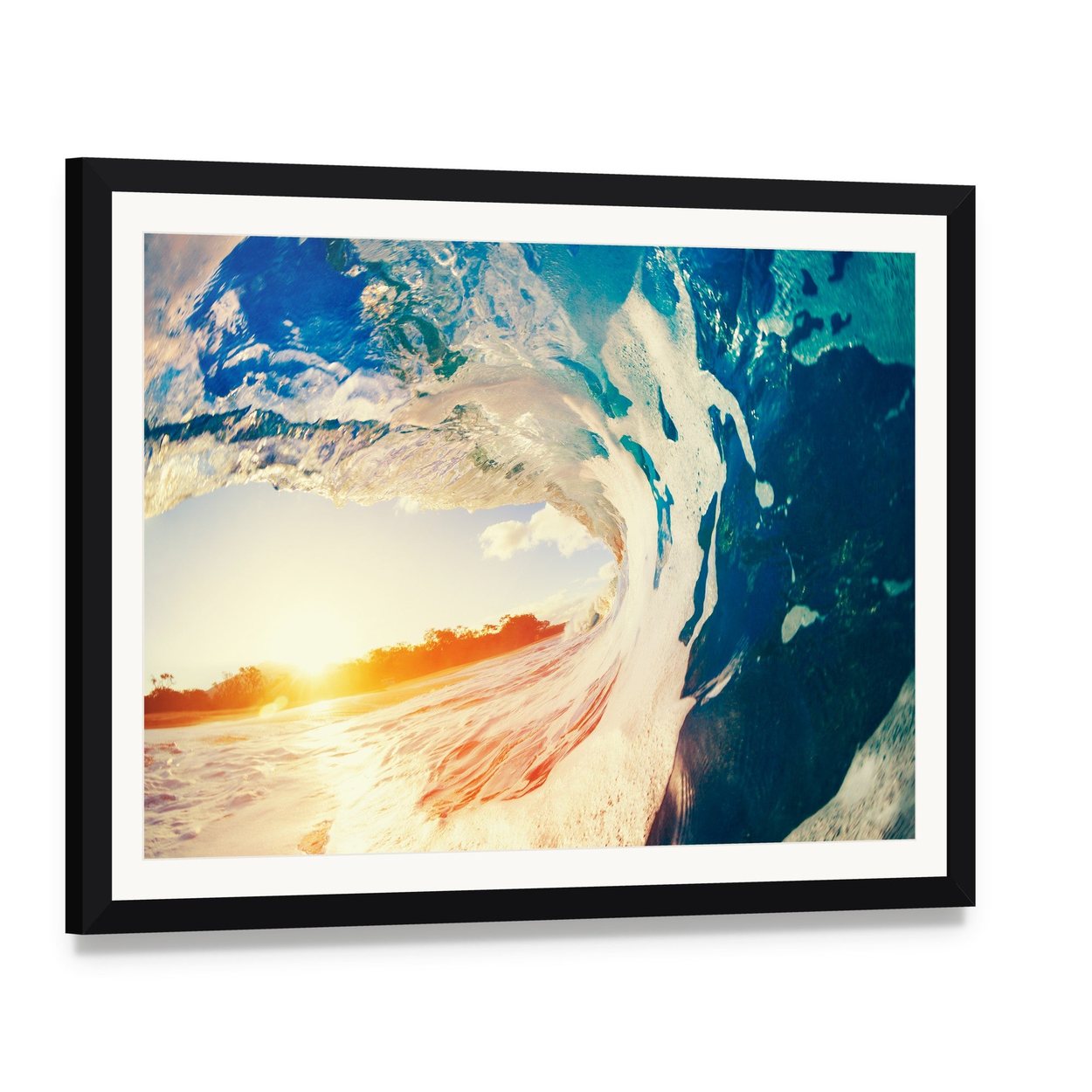 Ocean Wave Crashing at Sunset Canvas Wall Art, framed print with white mat and black frame, angled product view
