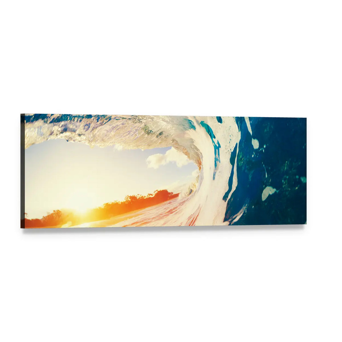Ocean Wave Crashing at Sunset Panoramic Canvas Wall Art, single panel gallery wrapped canvas, angled product view
