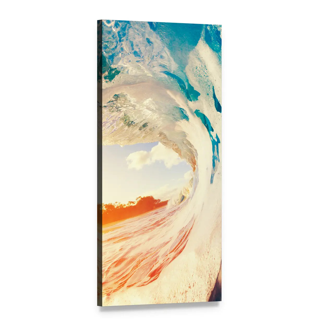 Crashing Ocean Wave Barrel at Sunset Vertical Canvas Wall Art, 1 panel 1 Vertical layout gallery wrapped canvas set, angled product view