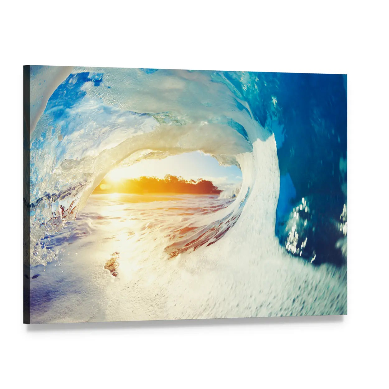Sunrise Ocean Wave Barrel Canvas Wall Art, single panel gallery wrapped canvas, angled product view