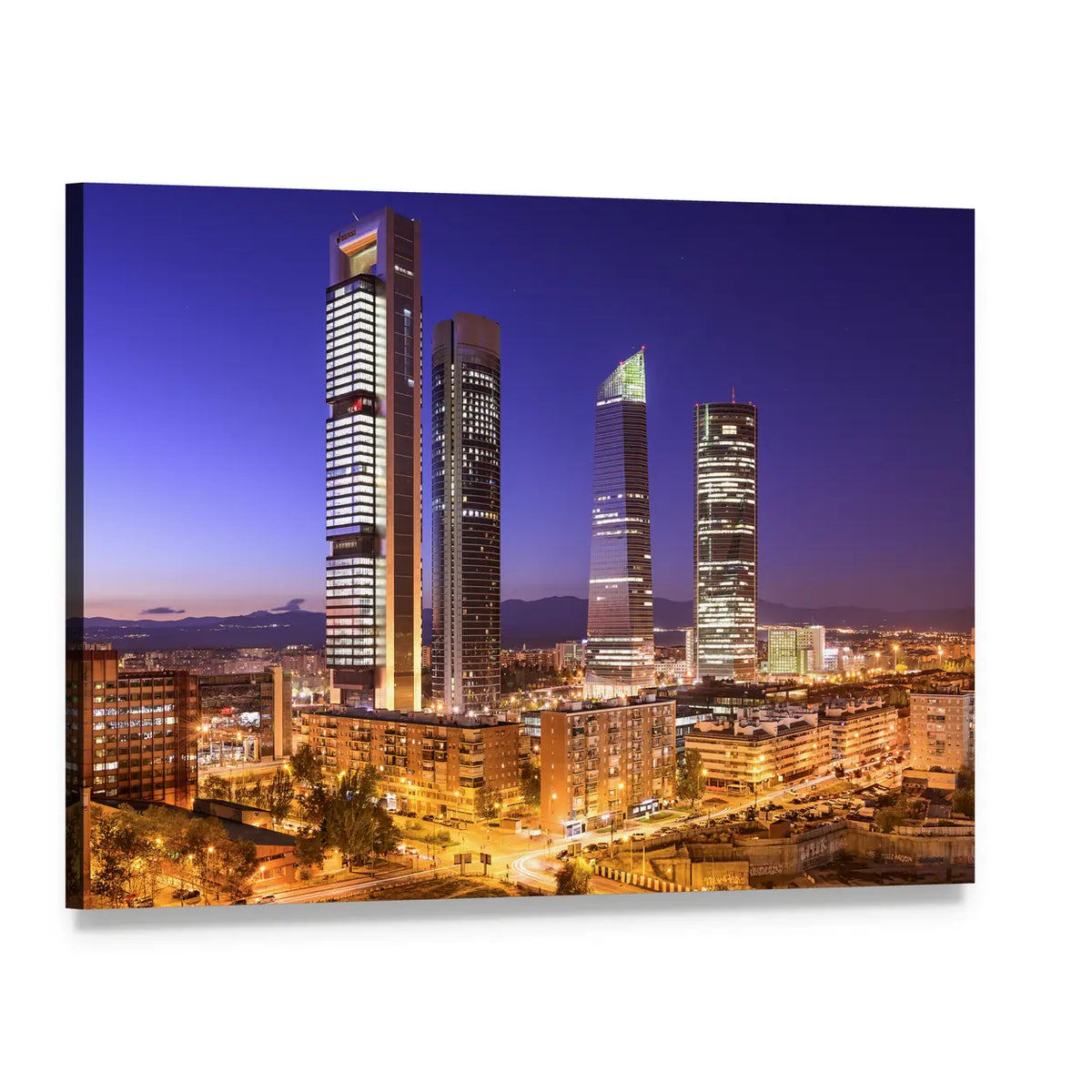 Madrid Financial District Skyline Canvas Wall Art, single panel gallery wrapped canvas, angled product view