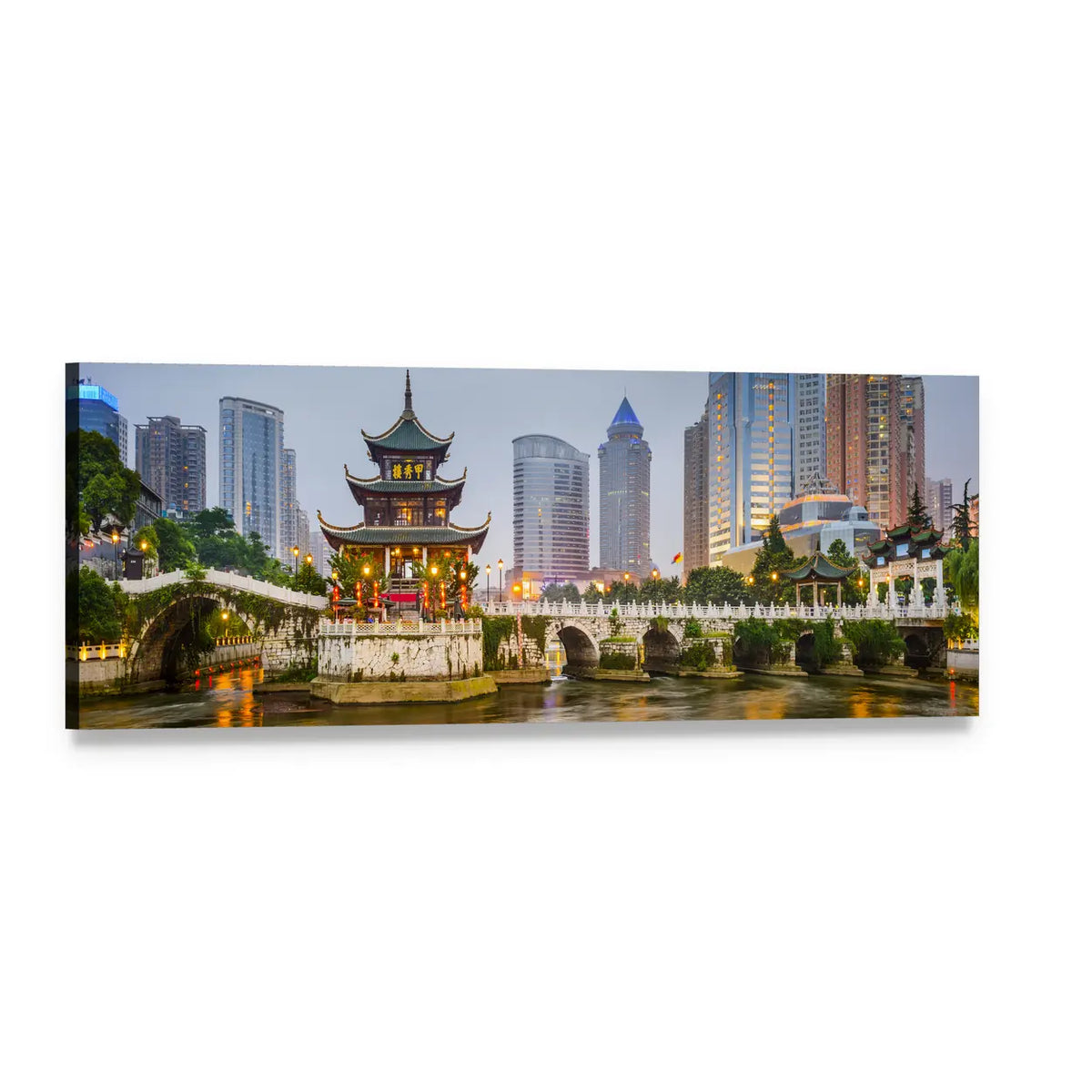 Guiyang City Skyline at Dusk Panoramic Canvas Wall Art, single panel gallery wrapped canvas, angled product view