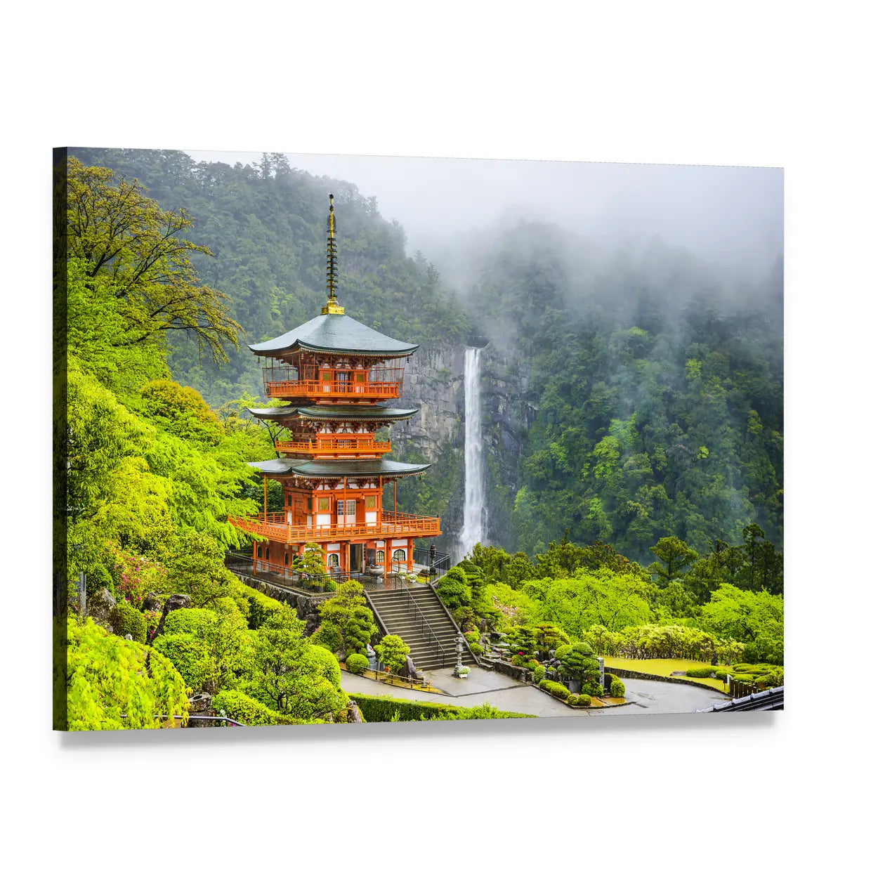 Vermilion Pagoda and Misty Mountain Waterfall Canvas Wall Art, single panel gallery wrapped canvas, angled product view