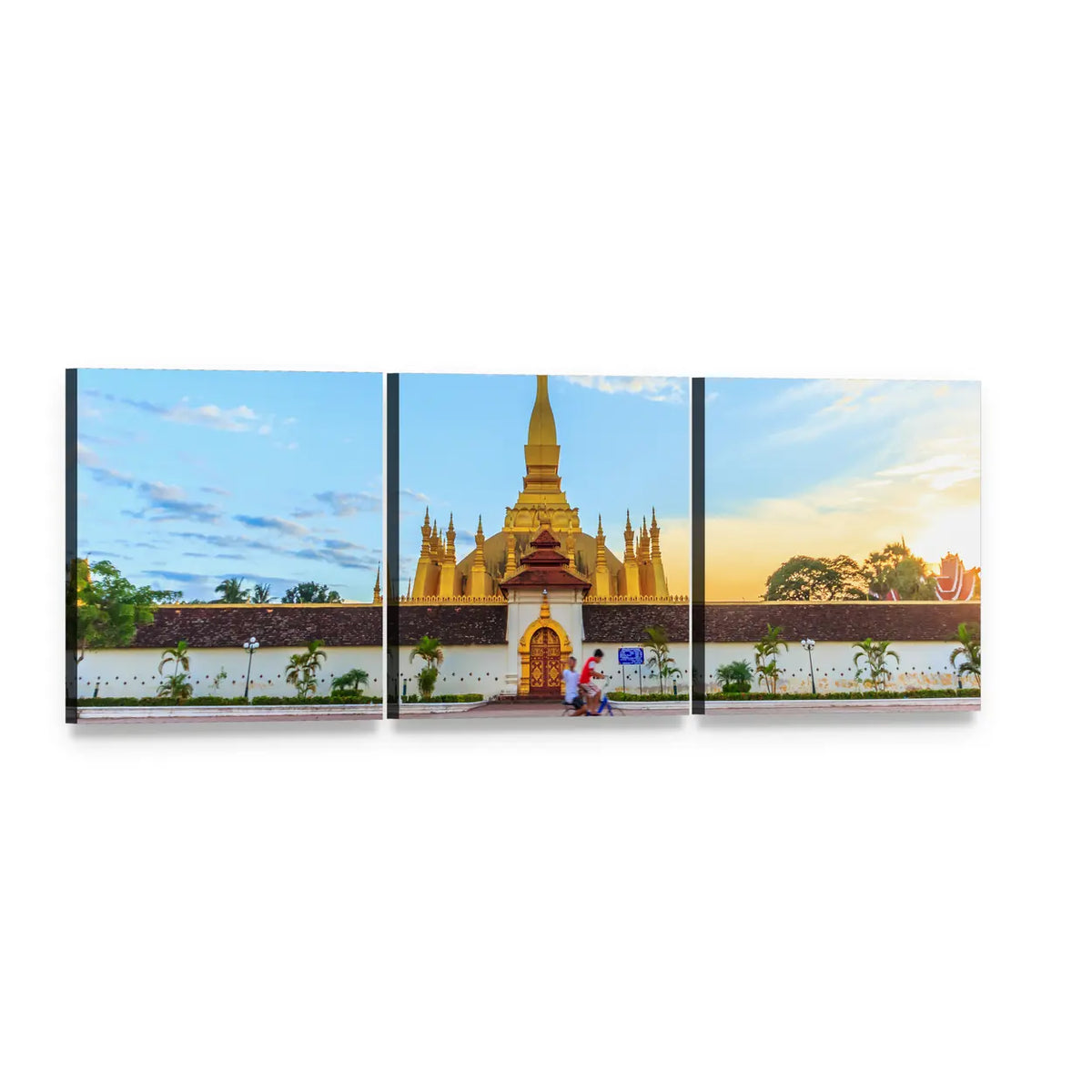 Pha That Luang Stupa, Vientiane Panoramic Canvas Wall Art, 3 panel 3 Piece layout gallery wrapped canvas set, angled product view