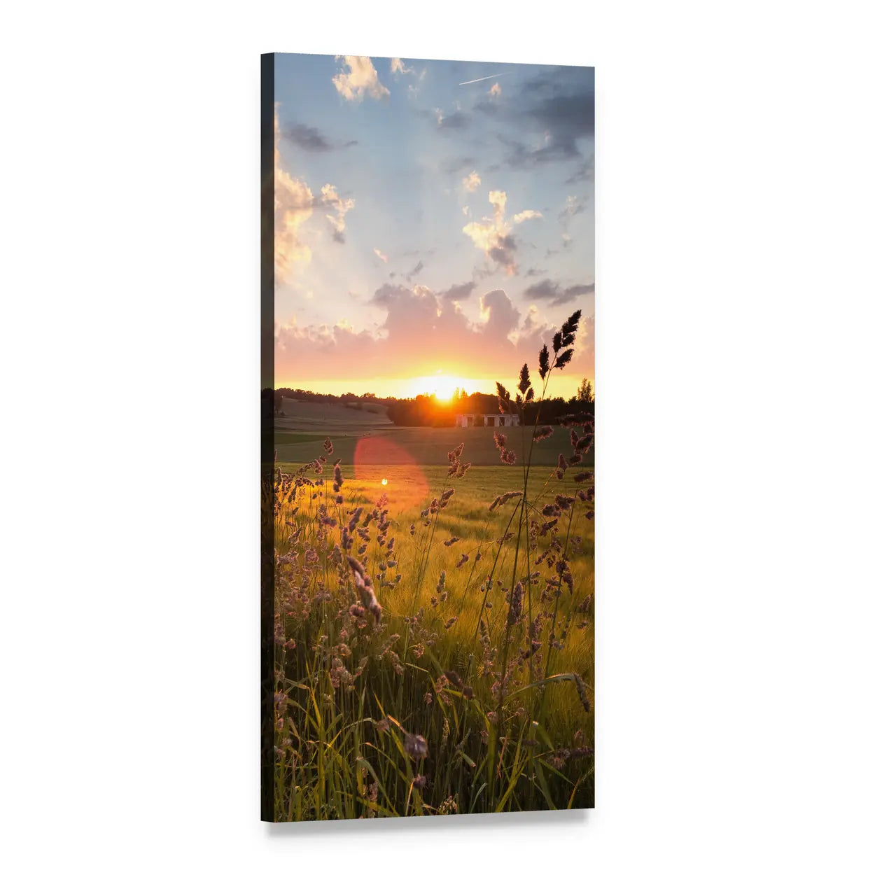 Summer Sunset Over Green Fields Vertical Canvas Wall Art, 1 panel 1 Vertical layout gallery wrapped canvas set, angled product view