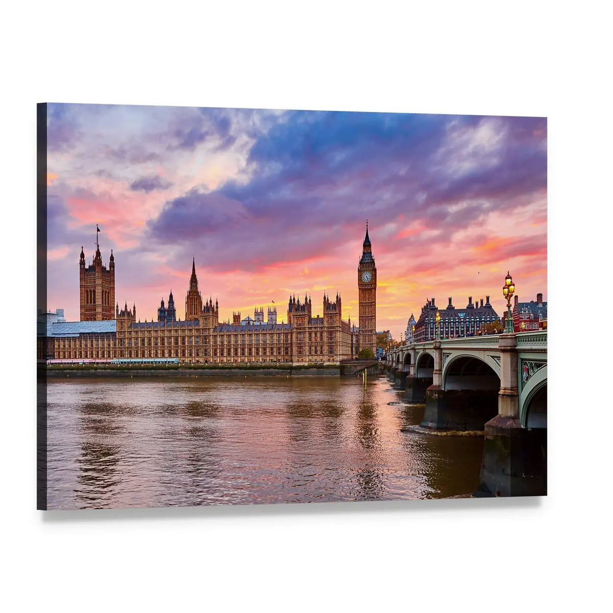 River Thames Sunset with Big Ben Canvas Wall Art, single panel gallery wrapped canvas, angled product view